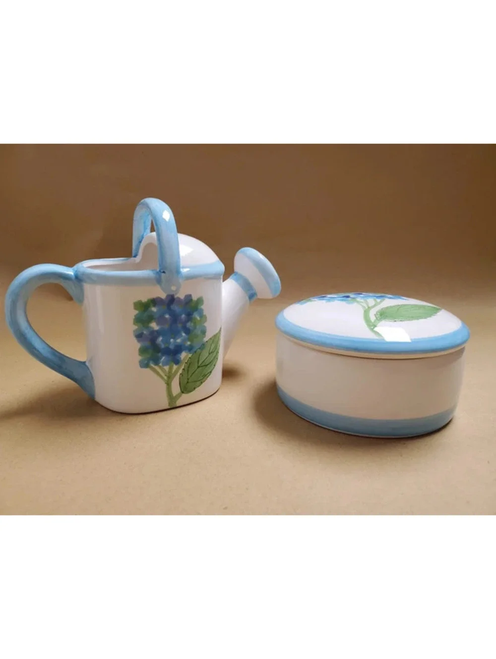 Blue Hydrangea Ceramic Watering Can & Trinket Box